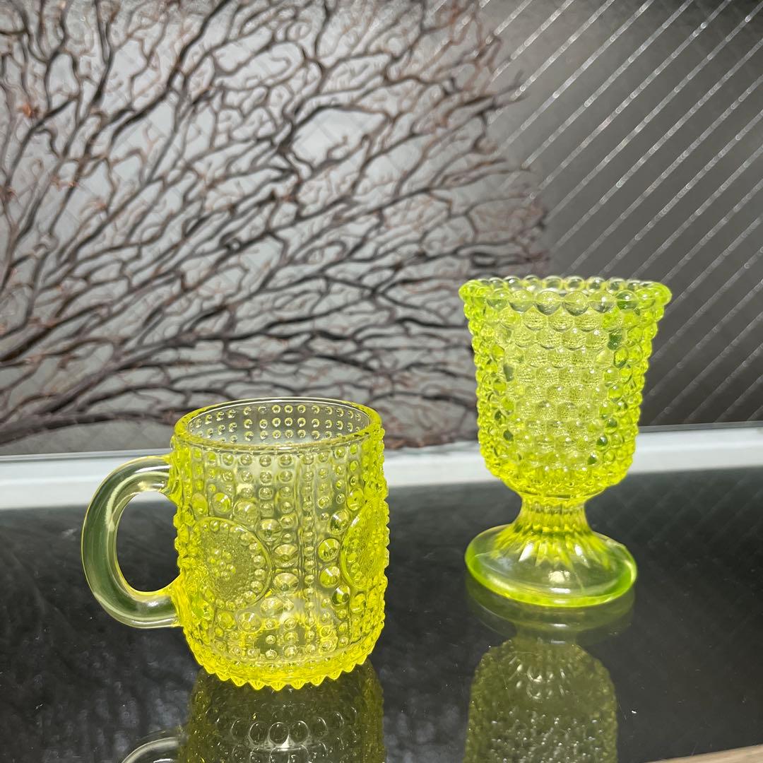 骨董　時代ガラス　フィンランド　グラッポニア マグカップ　ウランガラス１客④