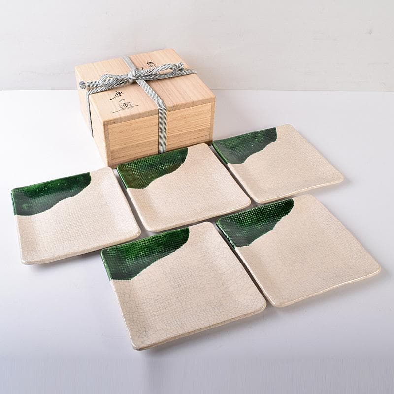 和食器　京焼　吉村楽入造　織部　銘々皿　四方皿　五客　共箱　V　R7987