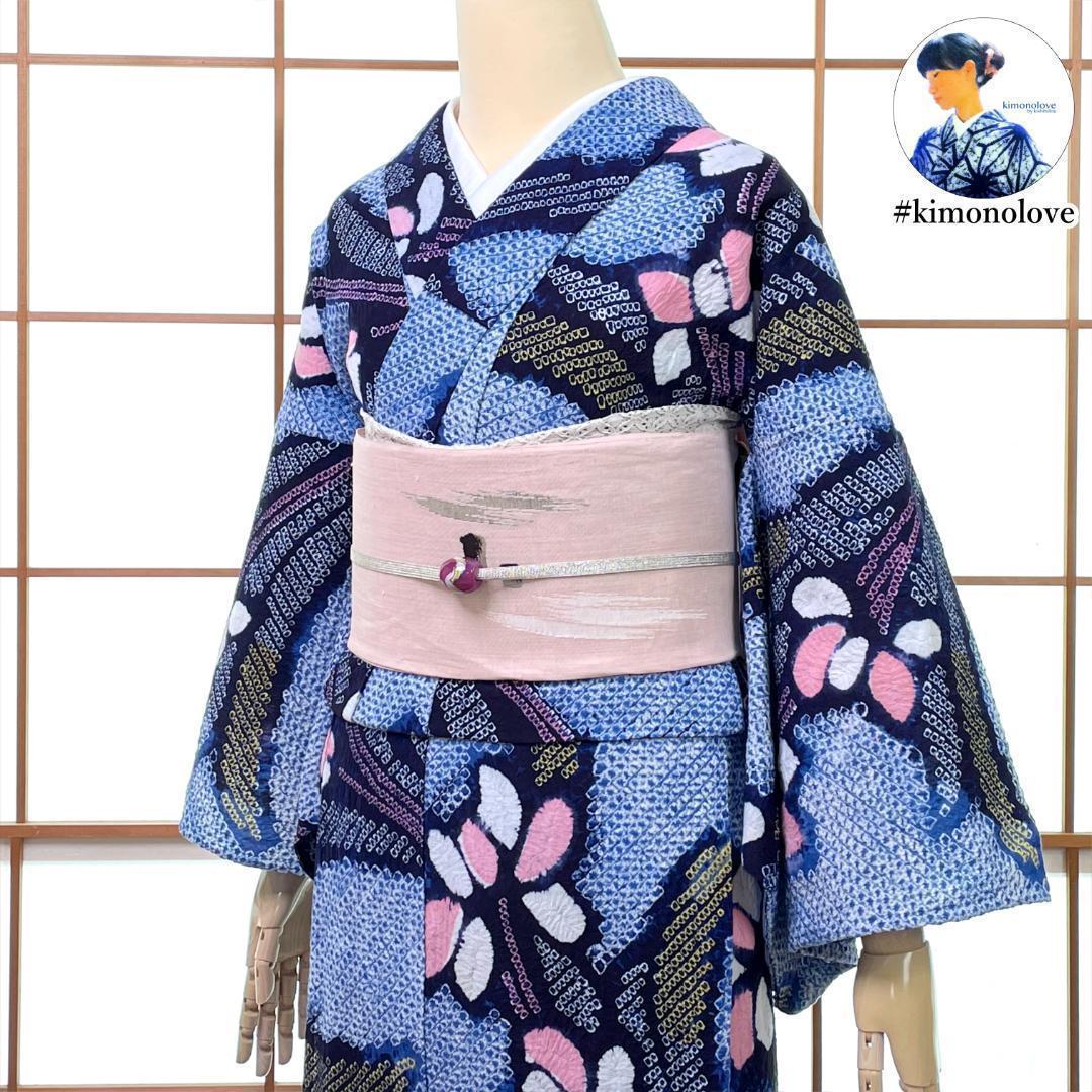 有松鳴海絞り 夏着物 浴衣 綿 菖蒲 水色 手縫い ビンテージ A-2390