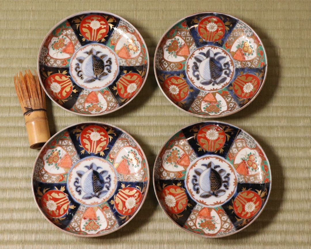 【CM48】古伊万里 色絵 五寸皿 四客 中皿 金彩 錦手 柘榴 花篭 草花