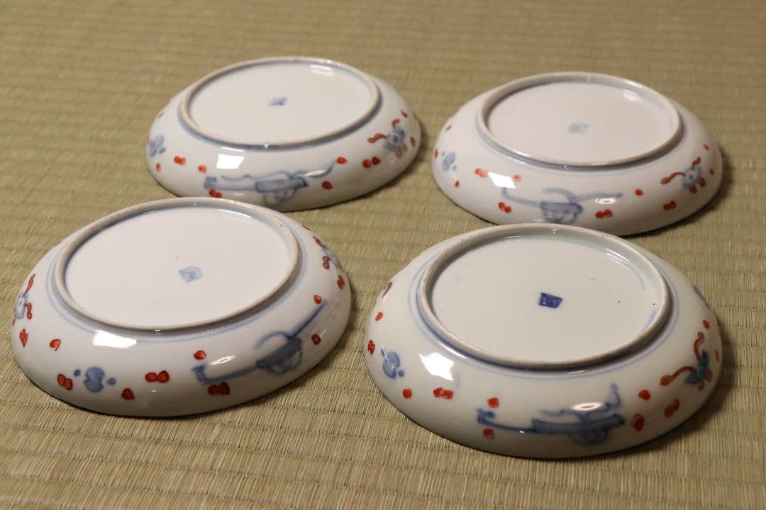 【CM48】古伊万里 色絵 五寸皿 四客 中皿 金彩 錦手 柘榴 花篭 草花