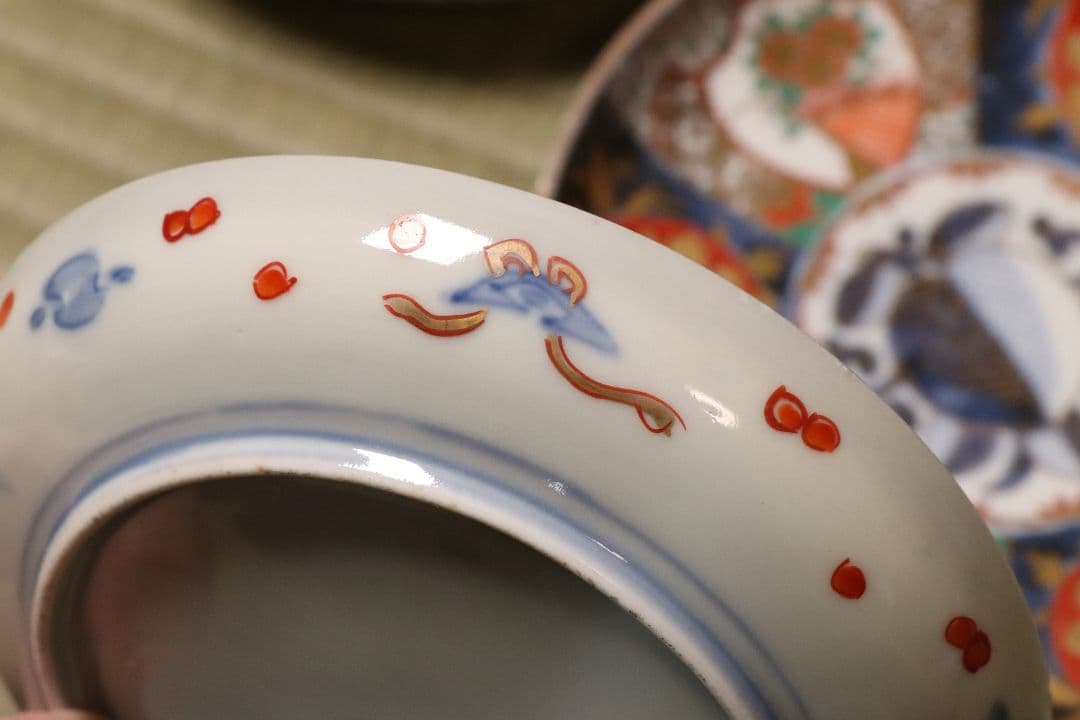 【CM48】古伊万里 色絵 五寸皿 四客 中皿 金彩 錦手 柘榴 花篭 草花