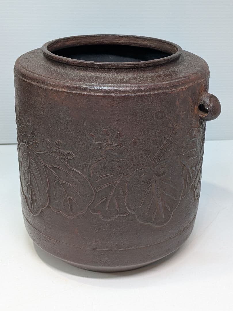 P973 釜師 平松宗信 東陽坊釜 桐地紋 茶道具 共箱 釜鐶 象嵌 筒釜