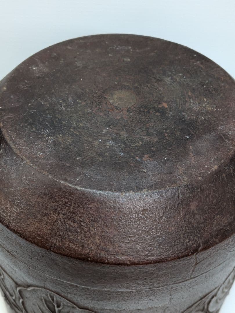 P973 釜師 平松宗信 東陽坊釜 桐地紋 茶道具 共箱 釜鐶 象嵌 筒釜