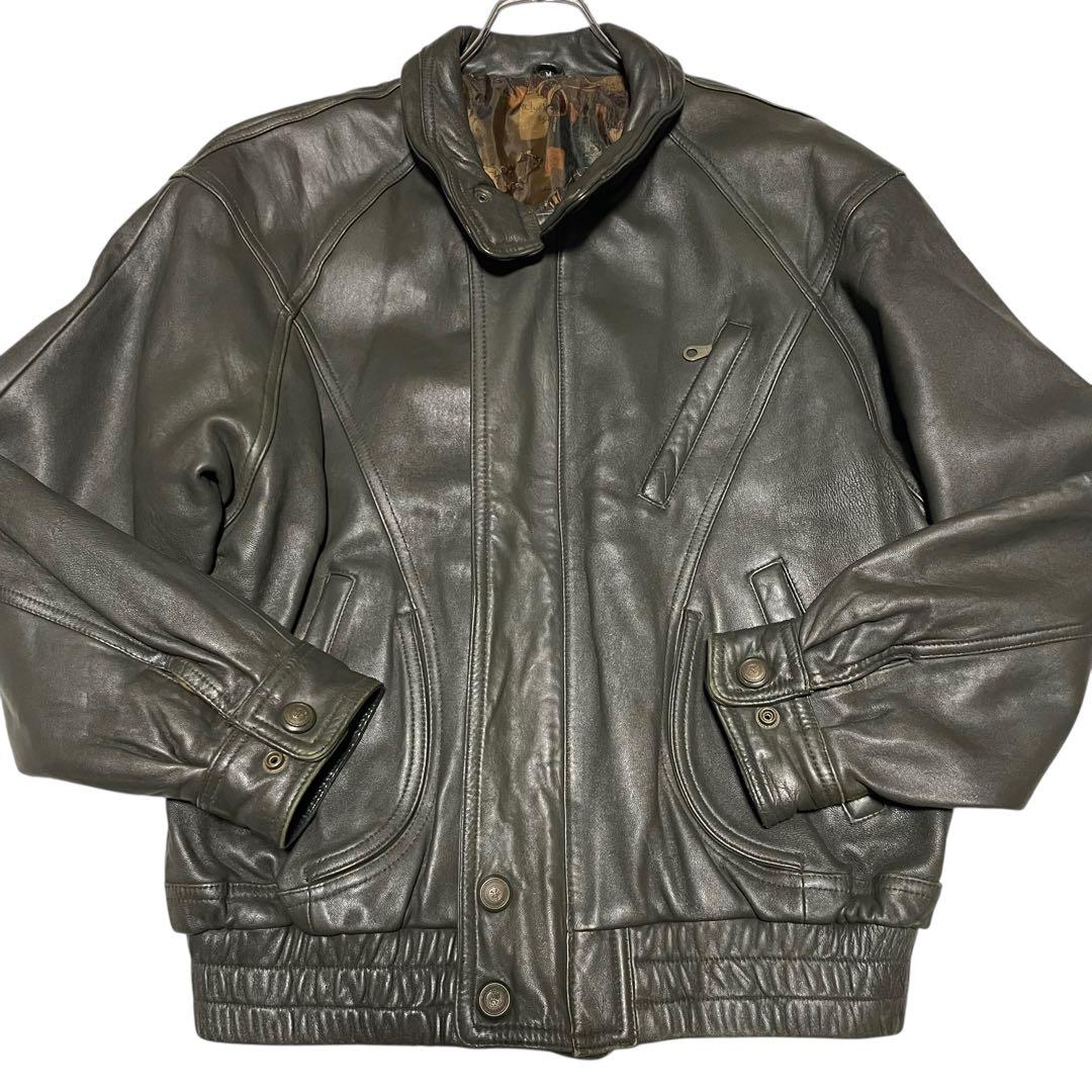 【vintage】羊革 本革 ラムレザーシングルライダースジャケット カーキ M