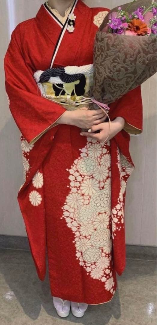 正絹　絞り　振袖　フルセット　赤色