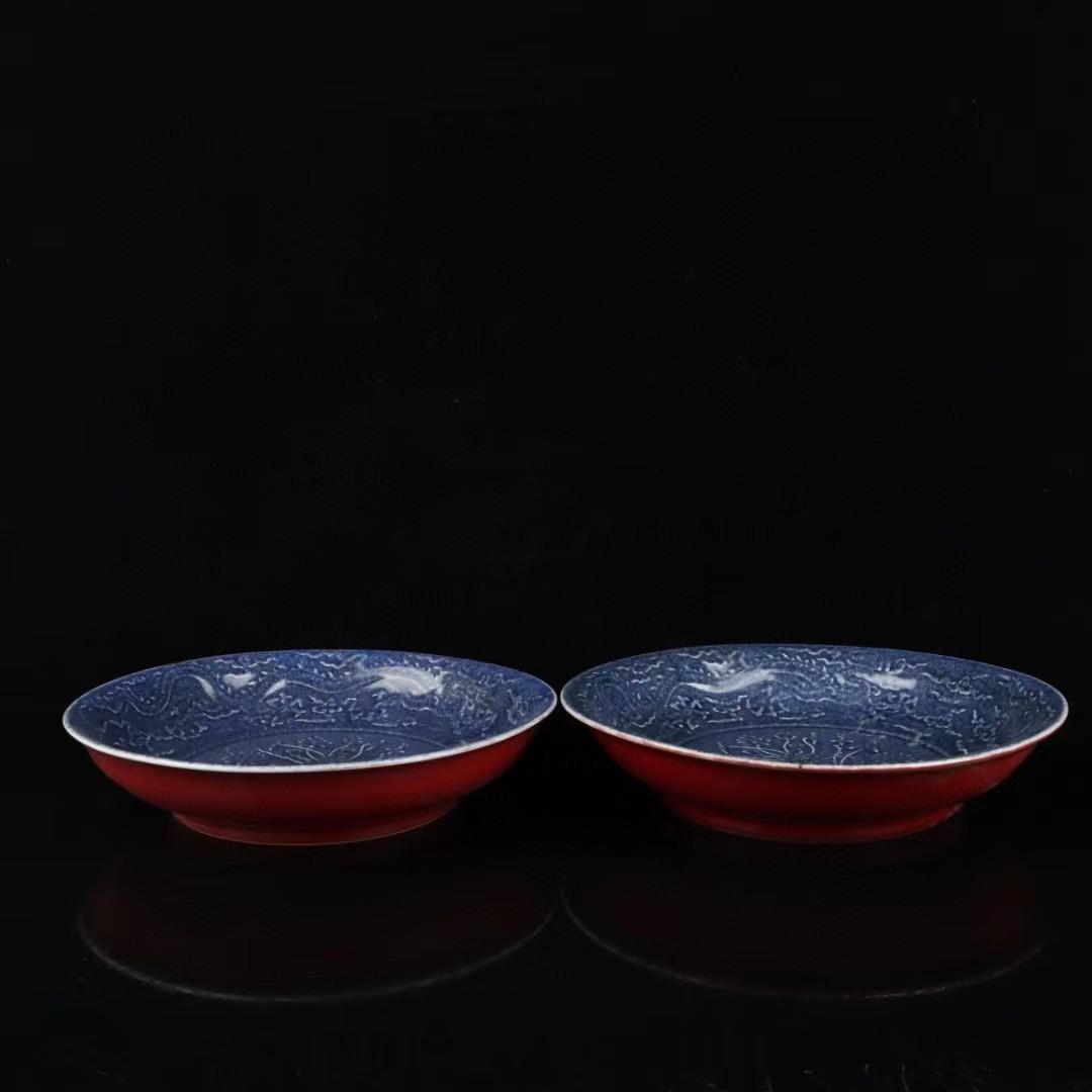 中国古美術✦大明宣徳紋 霽藍紅釉浮彫り花卉紋盤セット✦置物・文房具・陶芸・観賞皿