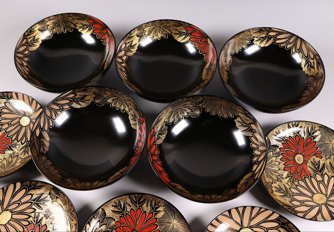 【CM366】輪島塗 塩徳屋漆器店 沈金 菊尽 煮物椀 五客 木製漆器 黒塗