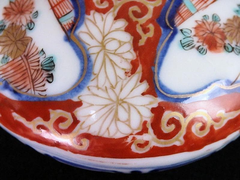 古伊万里　金襴手　窓絵　柴垣に菊の図　油壷　D184-fblw