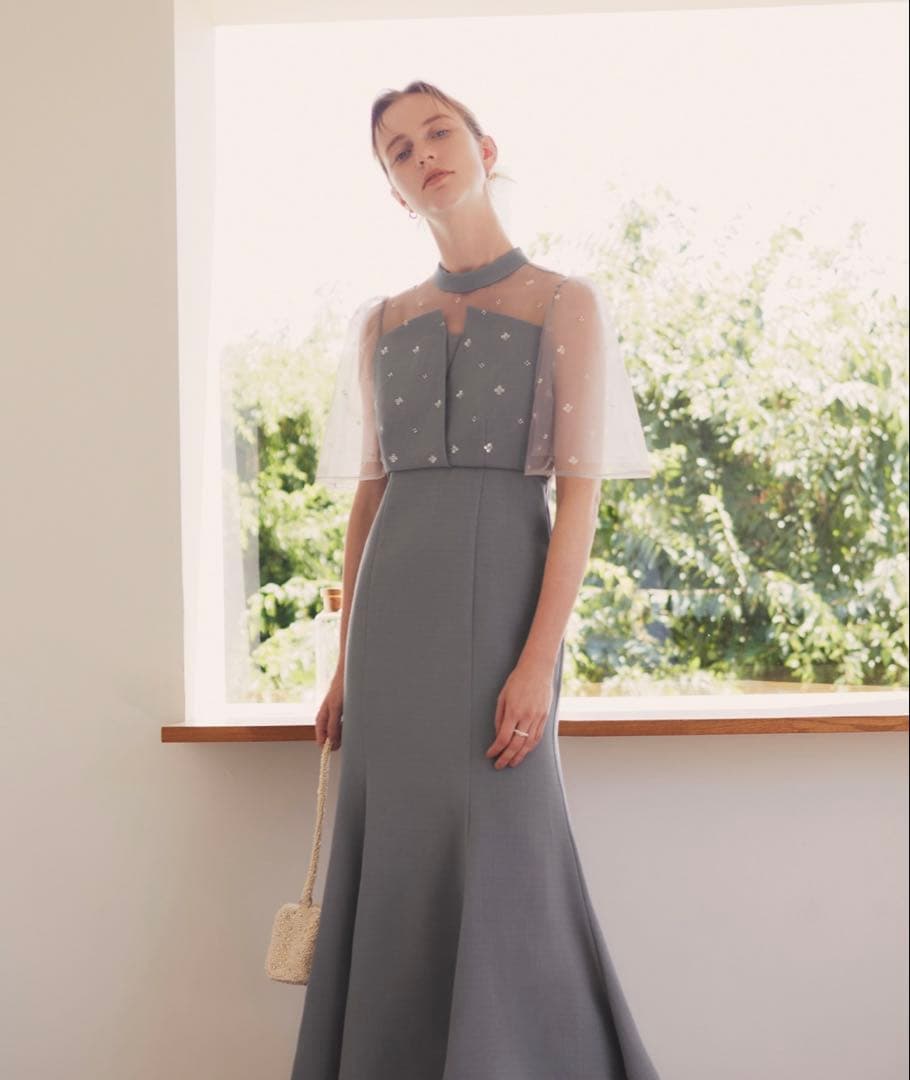 LEJA花柄ストーンスパンコールチュールオーバーラップマーメイドワンピースドレス