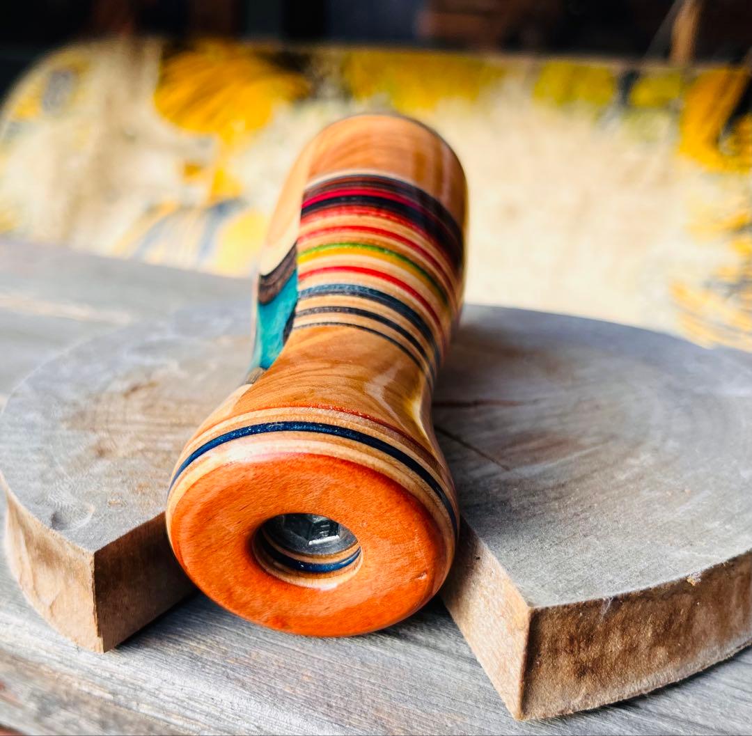 ウッドシフトノブ　オリーブウッド　スケボーリメイク　寄木　ハンドメイド