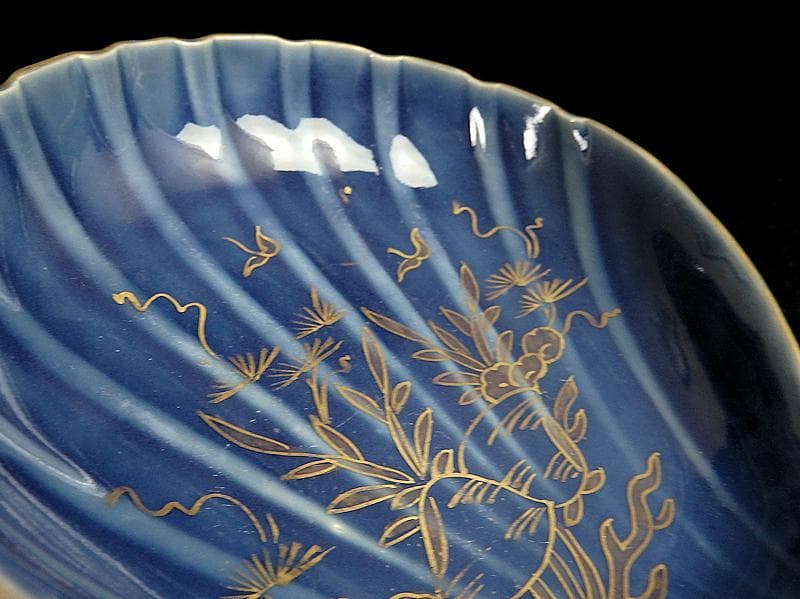 古伊万里　瑠璃色　貝の図　貝型変形皿　５枚　C803AS-BTp