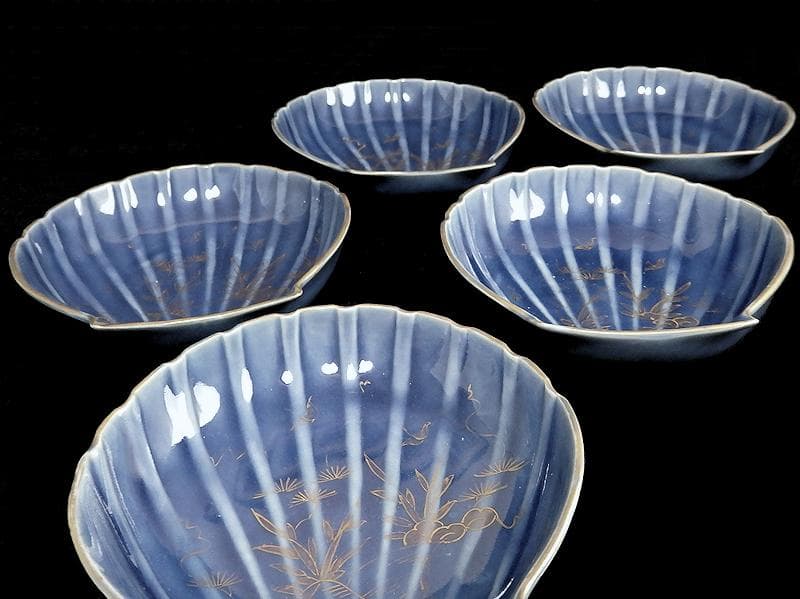 古伊万里　瑠璃色　貝の図　貝型変形皿　５枚　C803AS-BTp