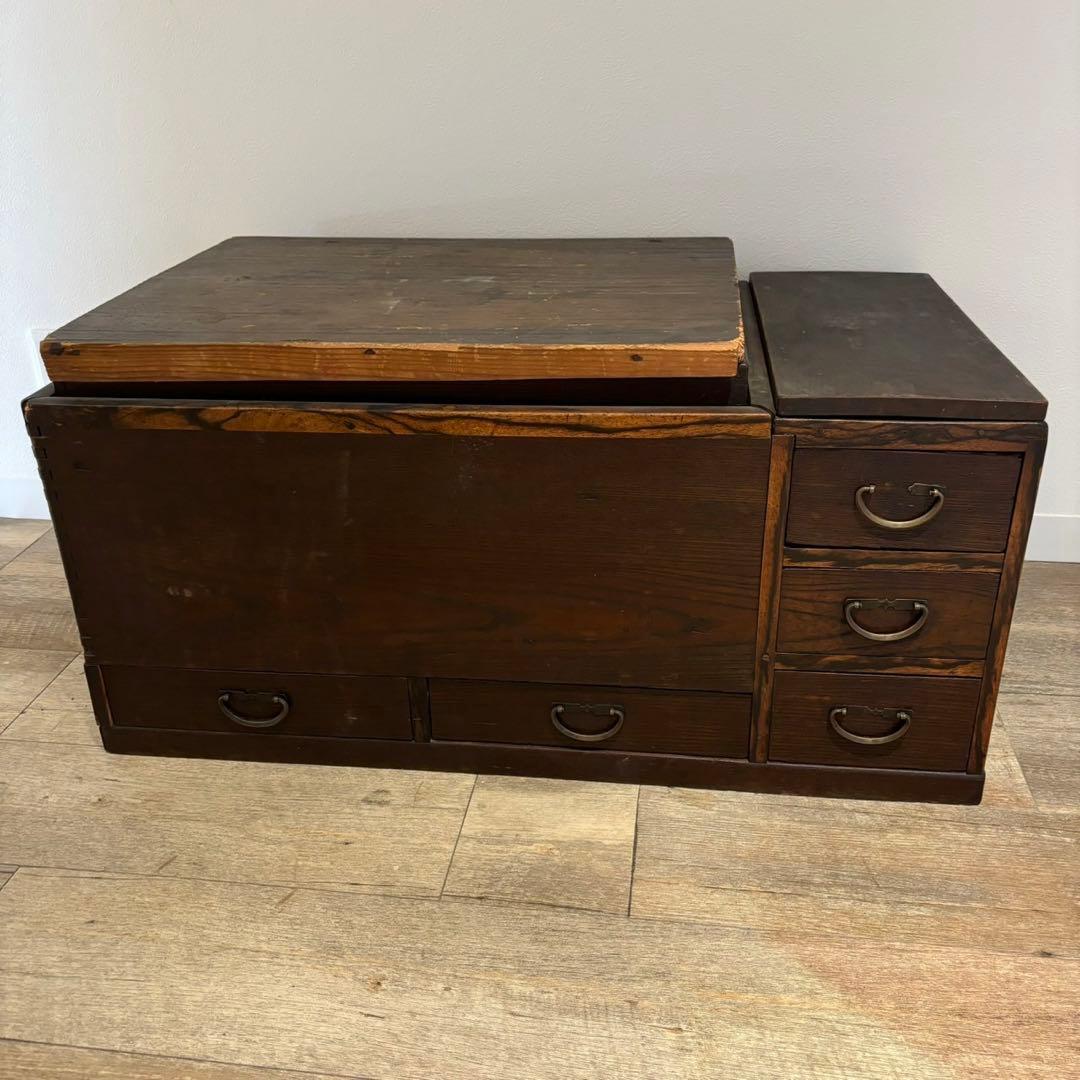 囲炉裏　長火鉢　アンティーク　昭和レトロ　蓋付き　灰入り　木製　引き出し付　骨董