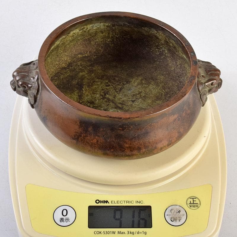 NM　中国　古銅　双獅子耳香炉　在銘　M　R9067