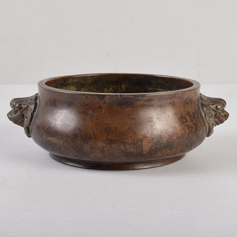 NM　中国　古銅　双獅子耳香炉　在銘　M　R9067