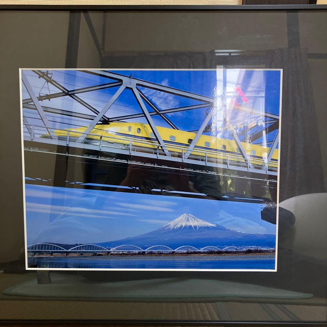 額縁付きフォト　富士山と富士川　ドクターイエロー