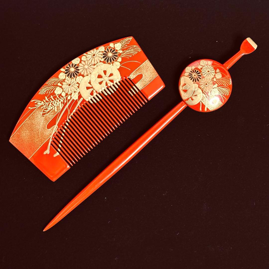 かづら清老舗　櫛　簪　笹　純金本漆蒔絵　銘あり　箱付き　京都