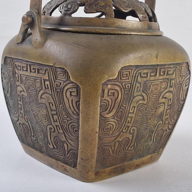中国　古銅　饕餮文　持ち手付　墨壷　透かし蓋香炉　V　R8871