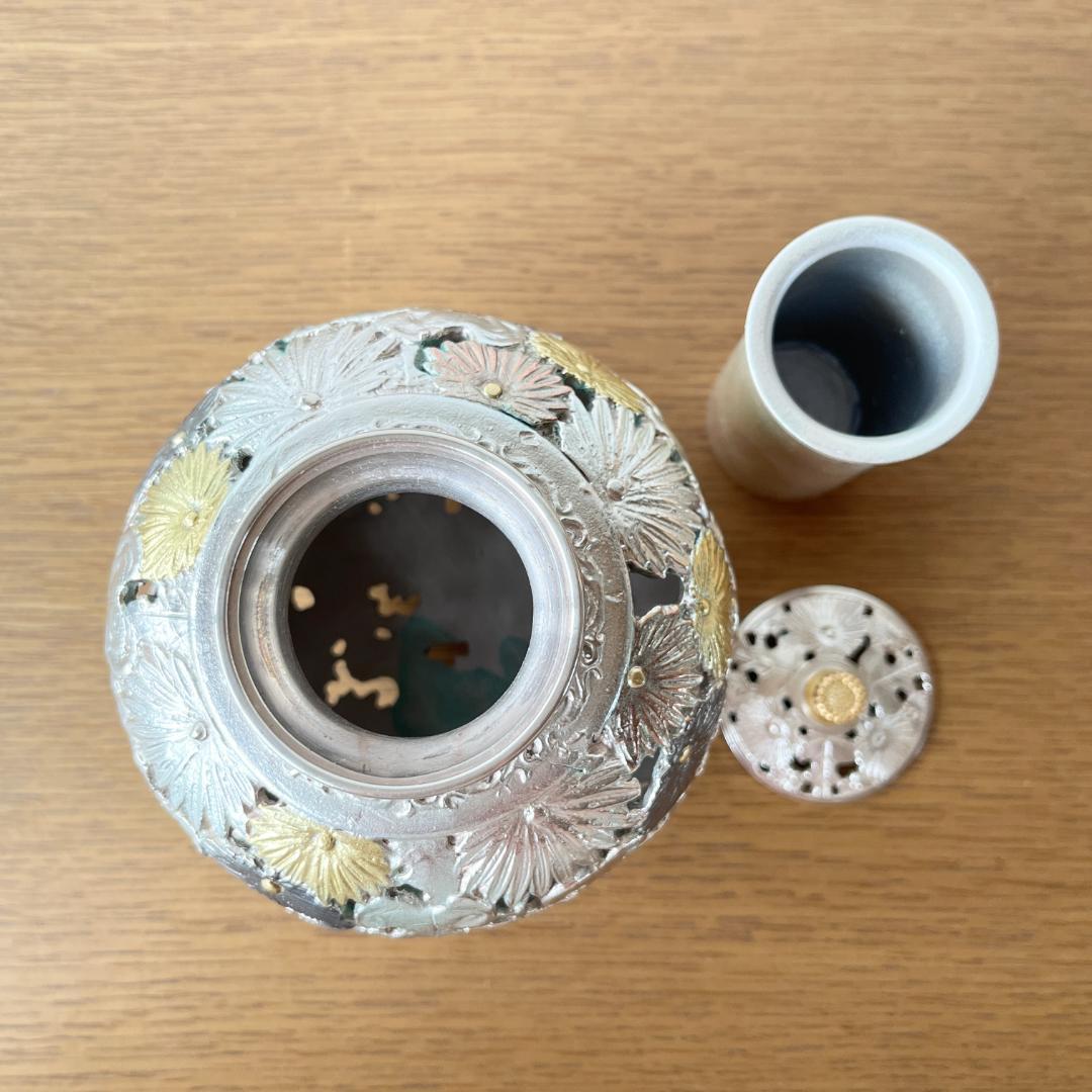 市橋敏雄 金銀彩 菊透かし文 華香炉 茶道具 共箱 未使用品