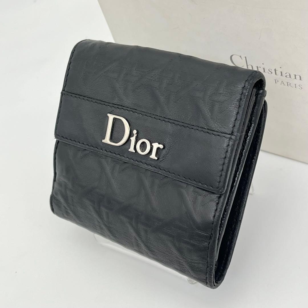 クリスチャンディオール 二つ折り財布 ロゴ金具 エンボス 黒 レザー 男女可能