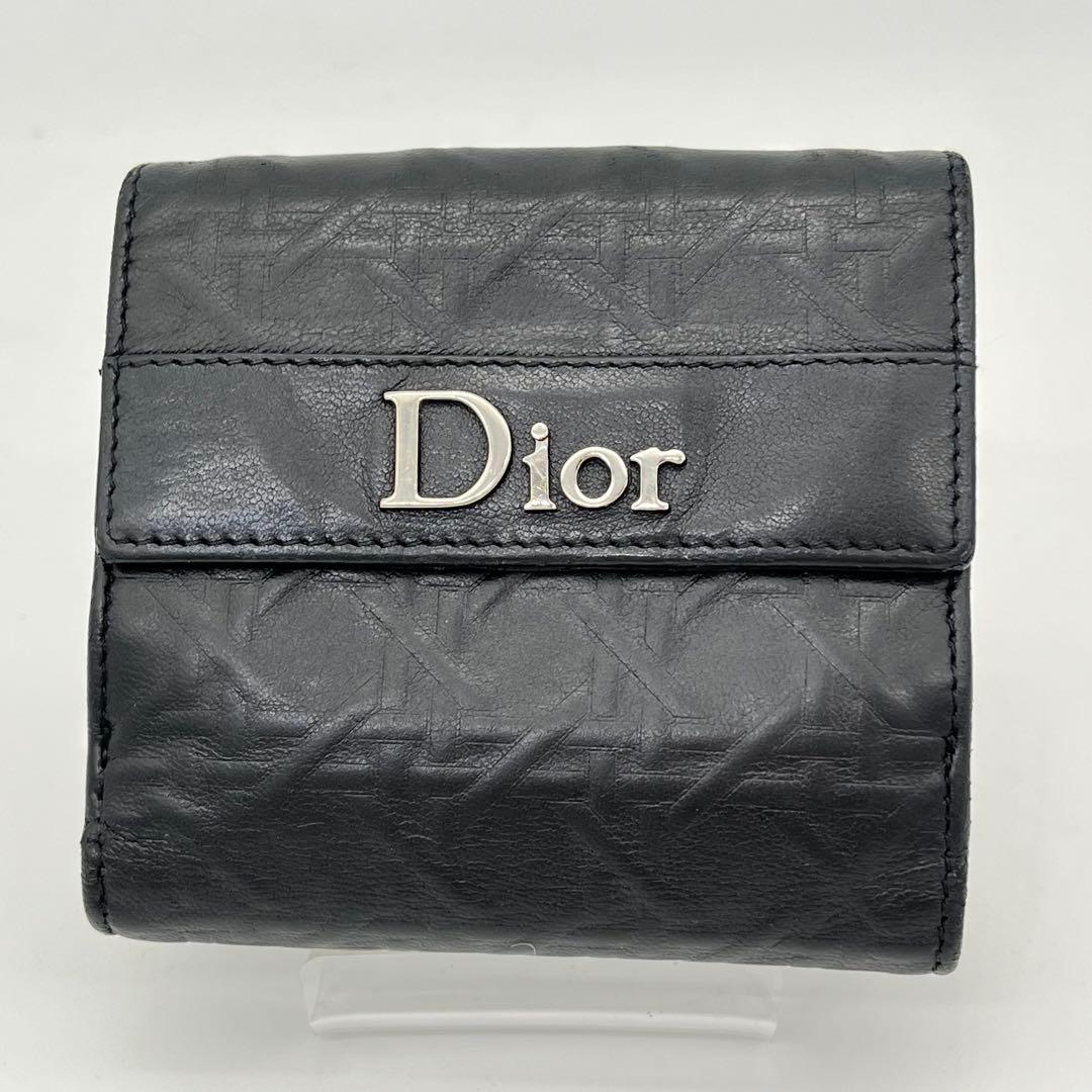 クリスチャンディオール 二つ折り財布 ロゴ金具 エンボス 黒 レザー 男女可能