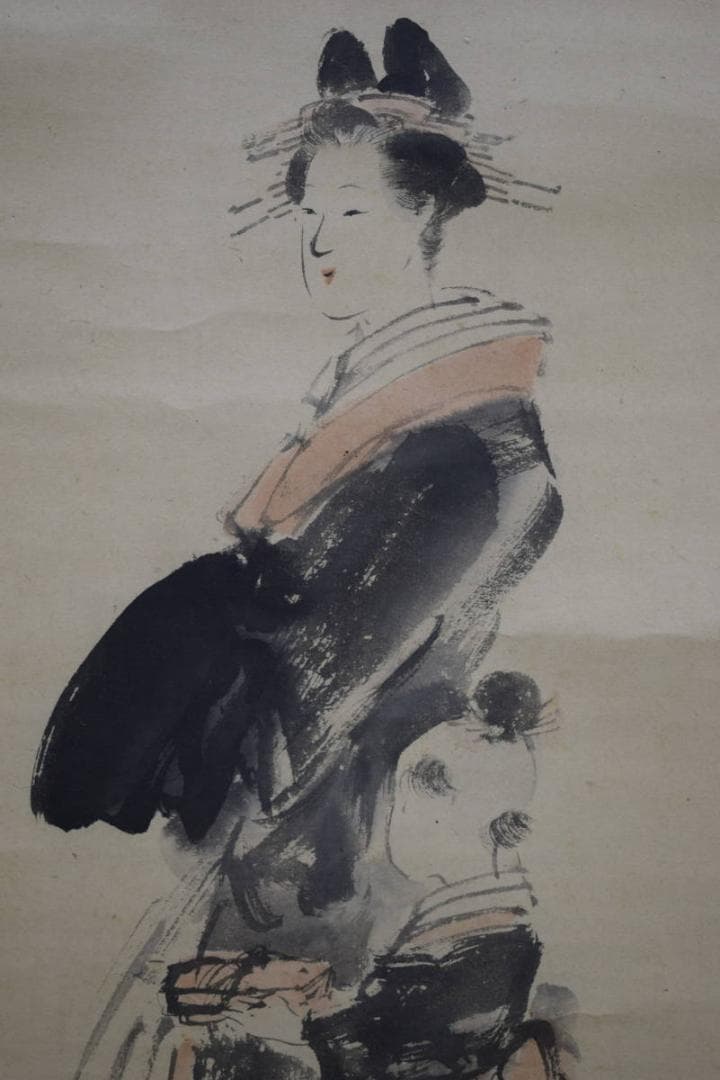 真作/塩川文麟/花魁/美人画/絹表装/布袋屋掛軸HH-248