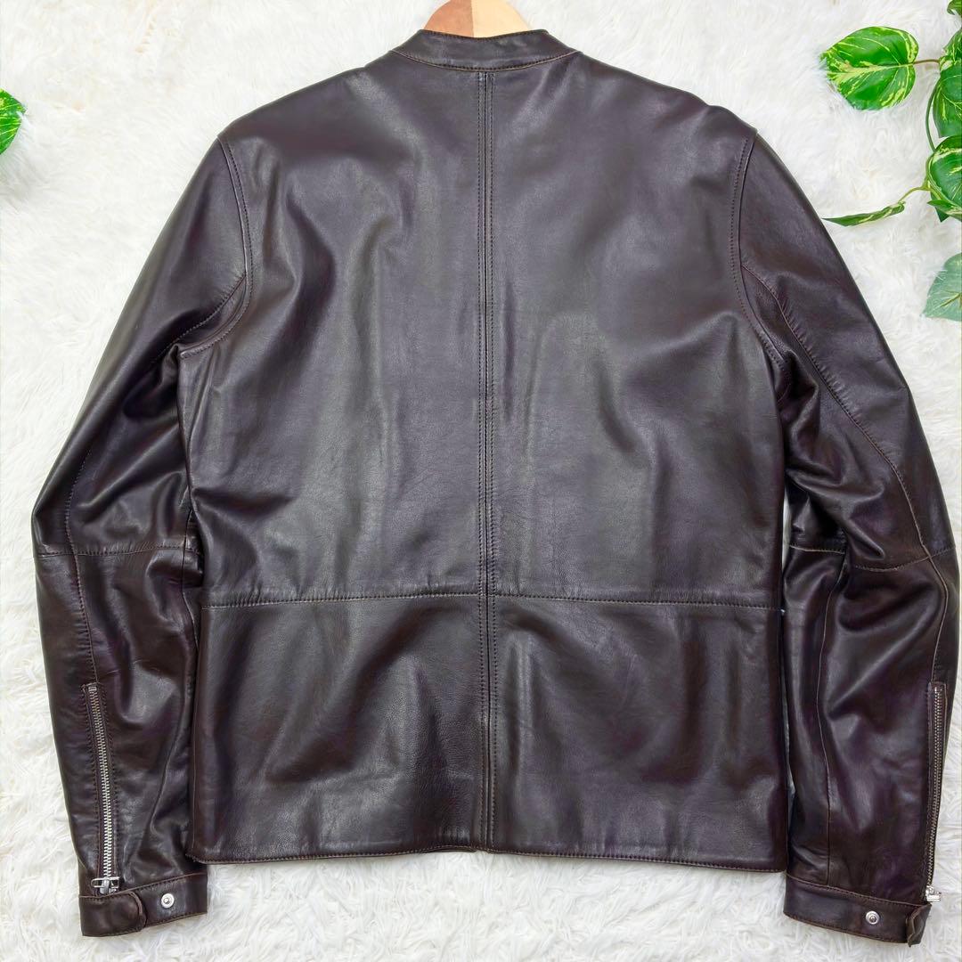 美品　プリティーグリーン　オールレザー　シングルライダース　XL　ブラウン