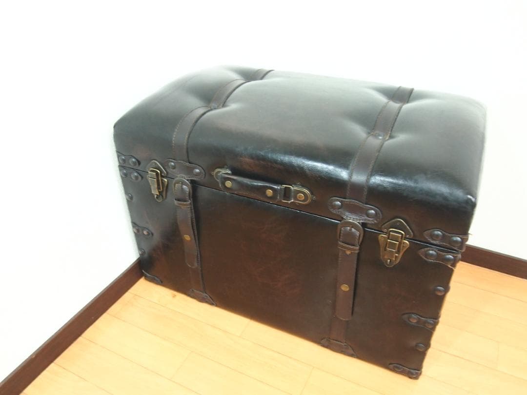 【良品】鋲打ち/革張り 収納スツール/椅子/ベンチ/レコードケース 黒/ブラック