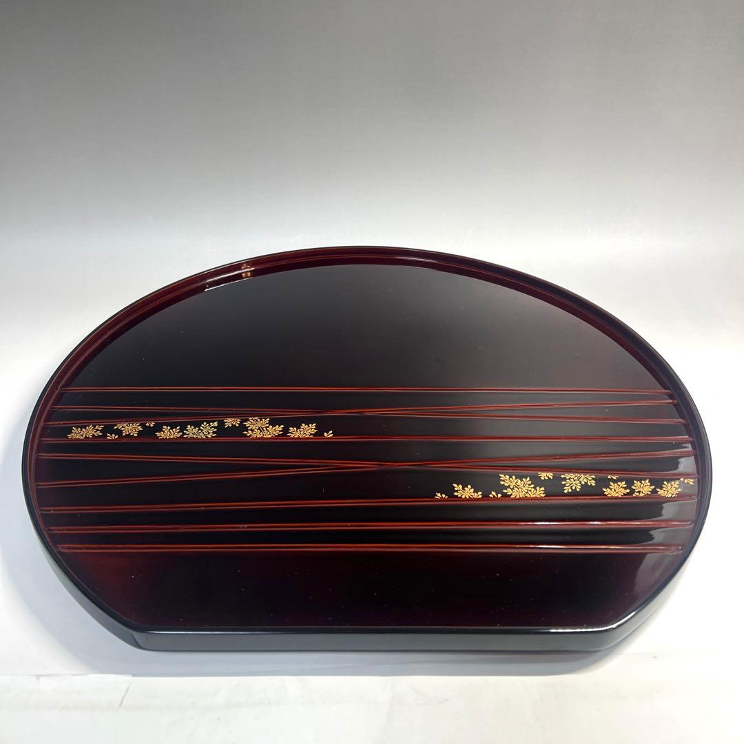 輪島屋謹製  信夫沈金蒔絵  半月盆  溜塗  五客揃