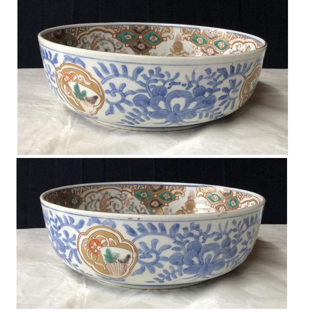 きなこ　e3001 古伊万里 色絵 鉢 径22cm 二重高台