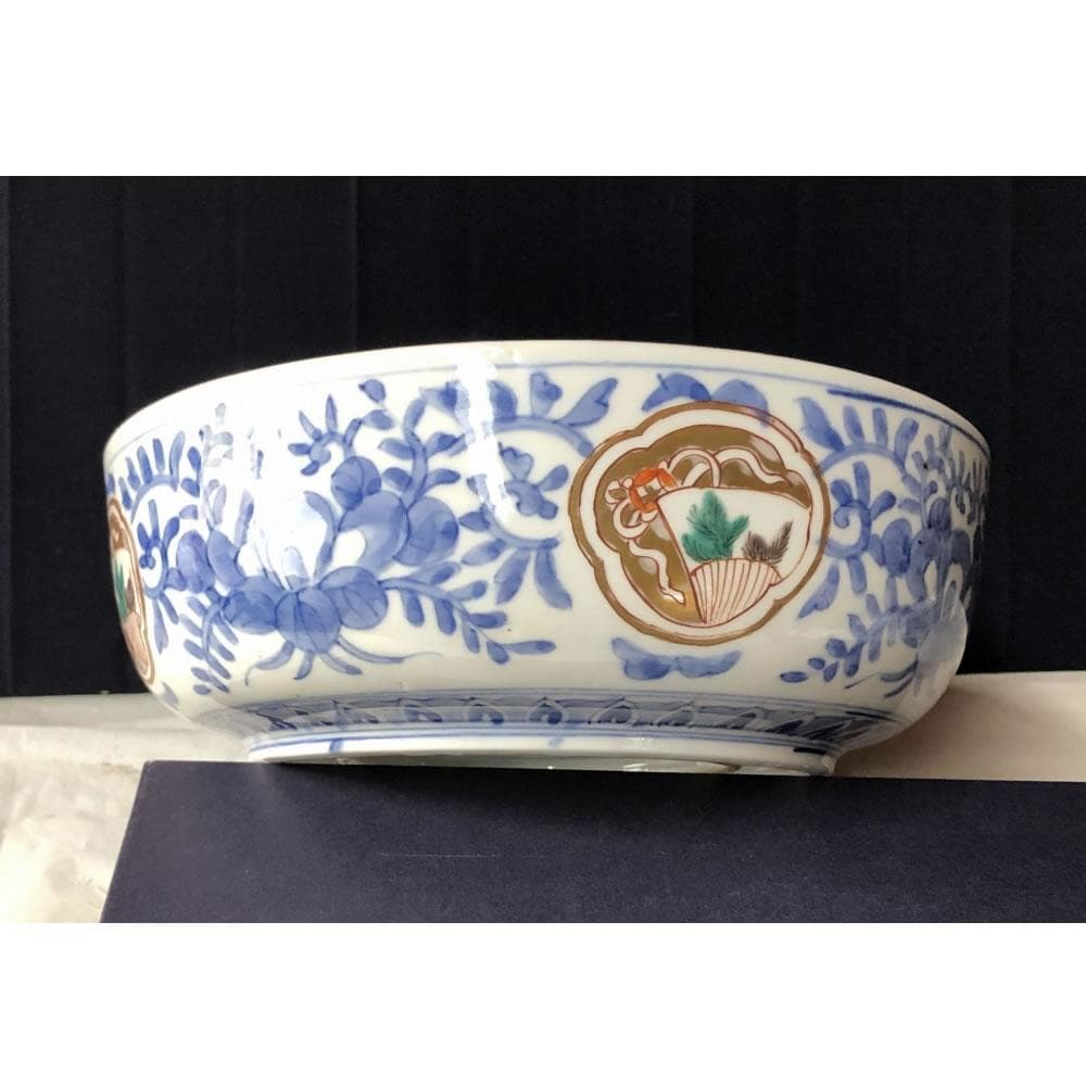 きなこ　e3001 古伊万里 色絵 鉢 径22cm 二重高台