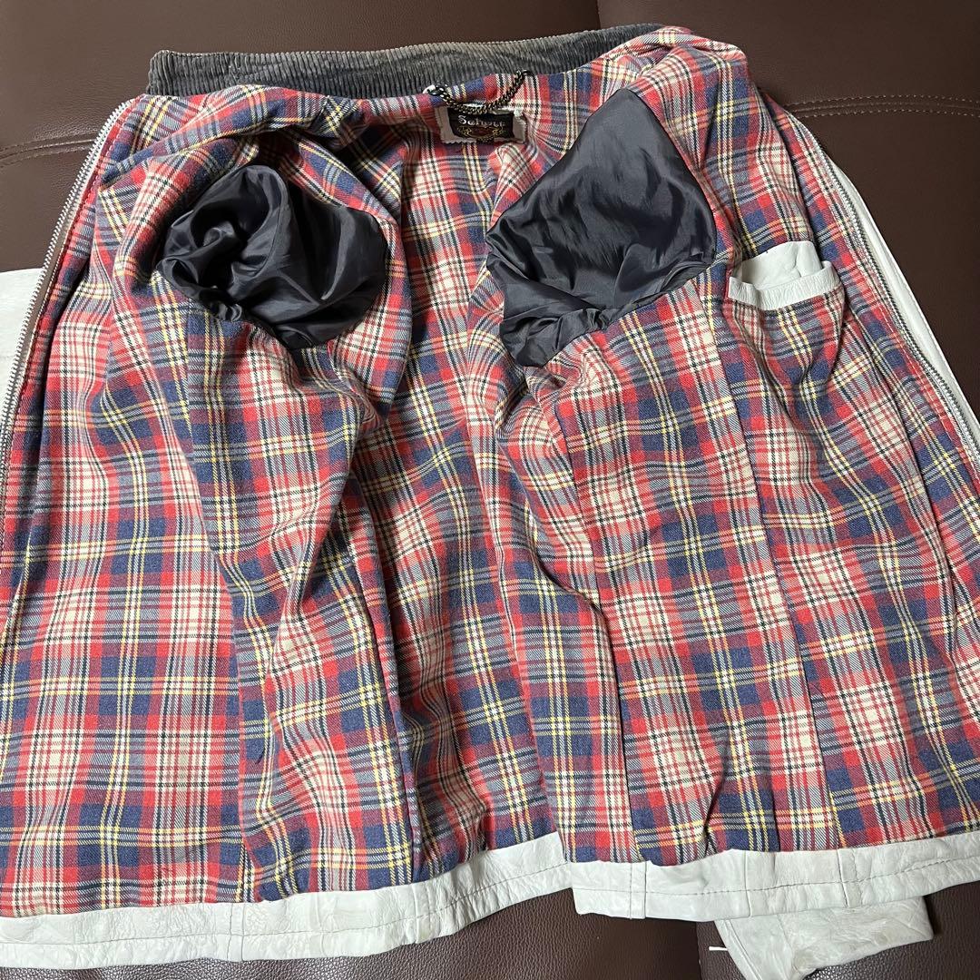 Schottクラッシックレーサー　シングルライダース　白地に袖青赤2本線　牛革M