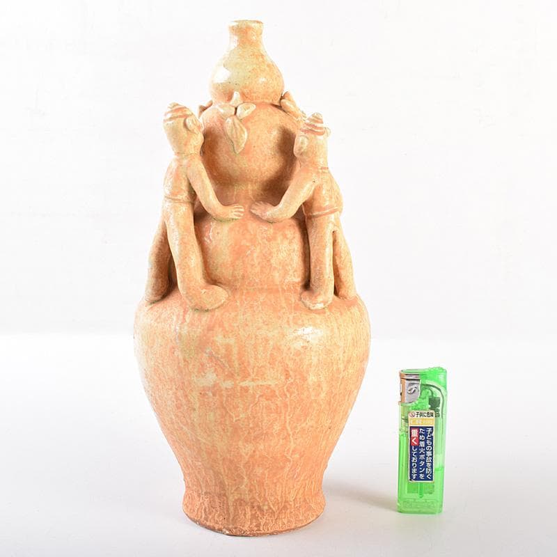 中国　自然釉　人物四耳壷　V　R7644