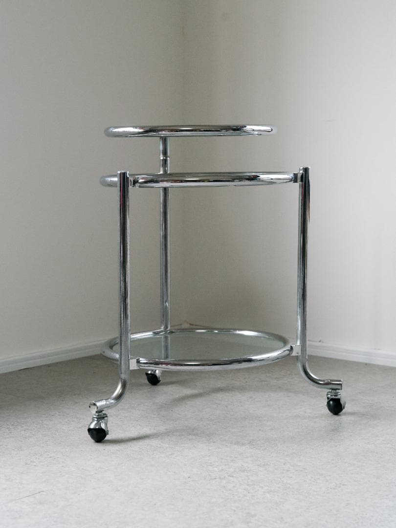 ヴィンテージ　3段 ガラスラウンドテーブル　ワゴン　ミッドセンチュリー　モダン