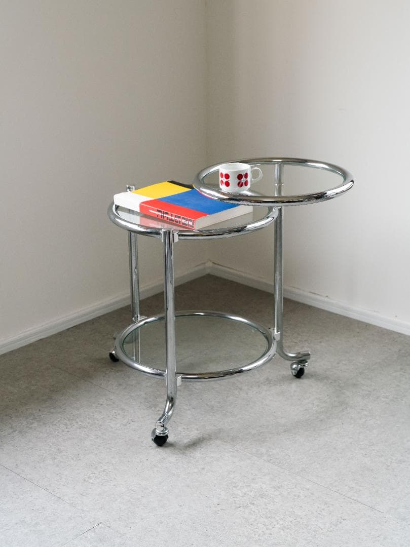 ヴィンテージ　3段 ガラスラウンドテーブル　ワゴン　ミッドセンチュリー　モダン