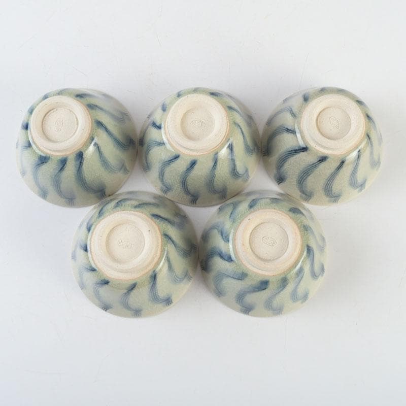 茶道具　御深井焼　南山窯　田沼春ニ作　染付　汲出茶碗　五客　共箱　V　9298