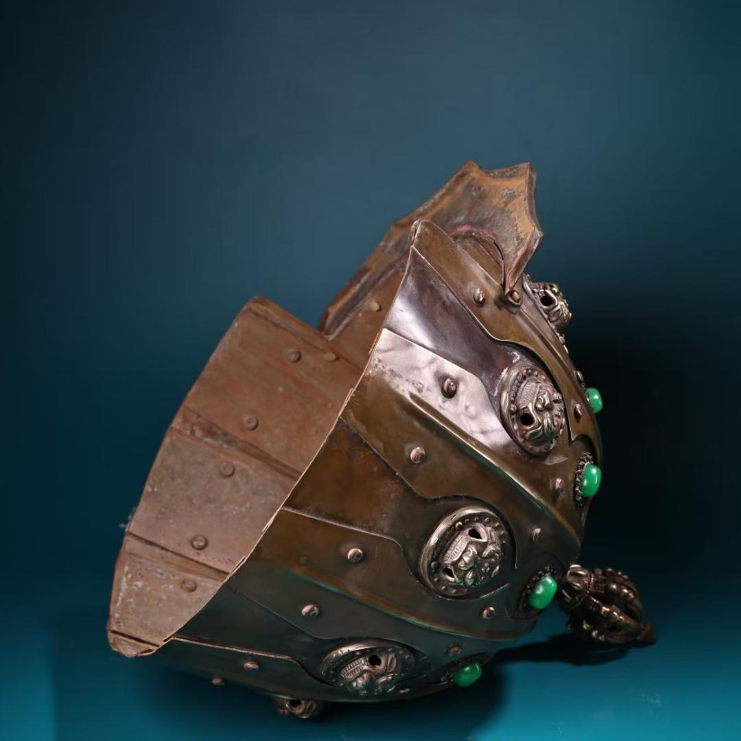 中国古美術 金属製ヘルメット 純銅製 純手作り 極細工 鏨刻 旧家蔵出 唐物