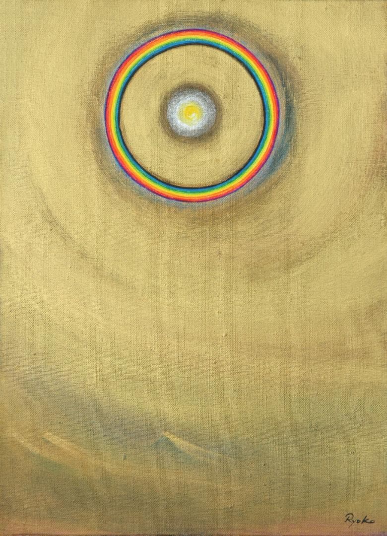 油絵 菅家令子 絵 絵画インテリア額付(青緑＋金色の枠)F4-G202023祈り