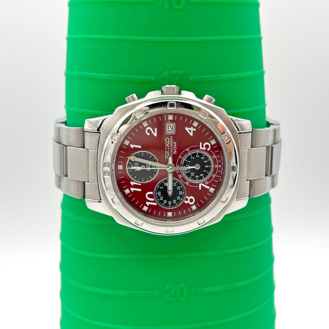 SEIKO 7T92-0CA0 クロノグラフ メンズ 腕時計 新品電池 赤文字盤
