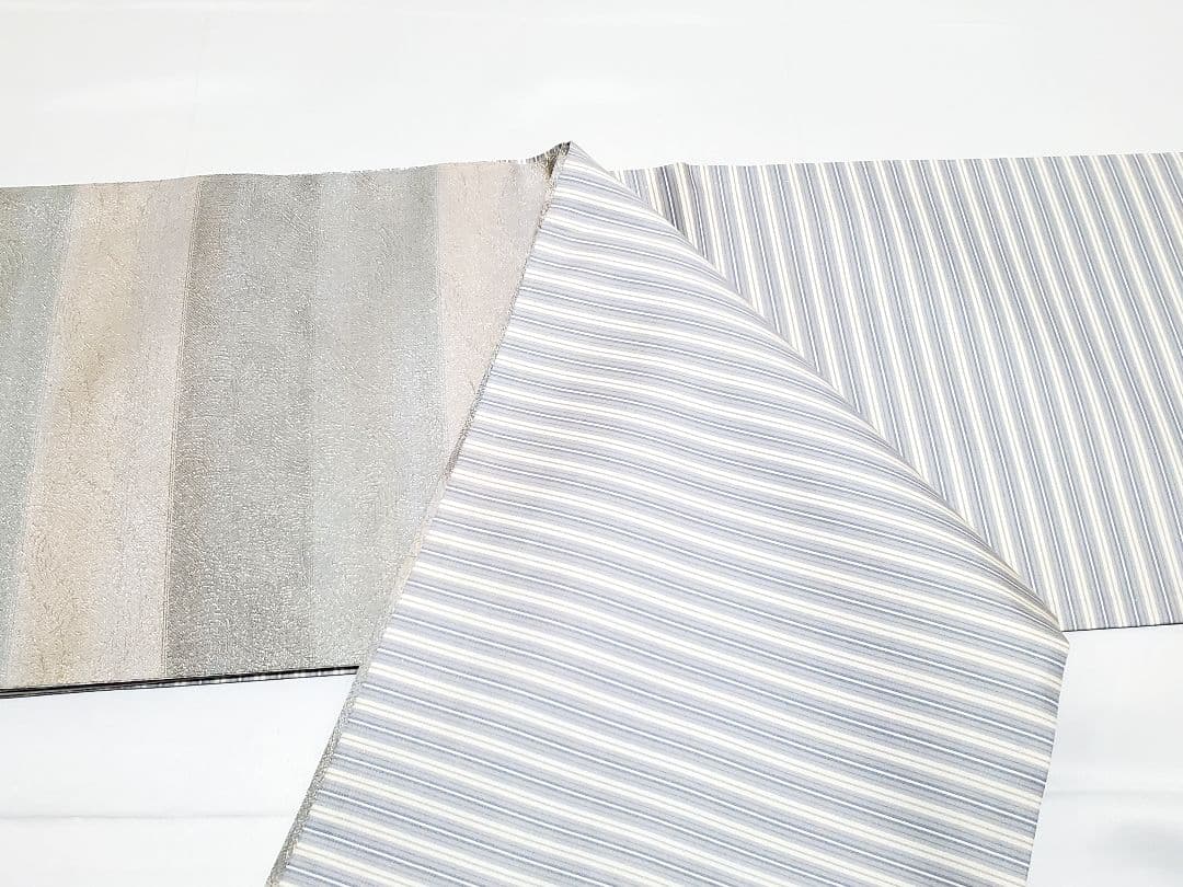 C 美品 西陣織 横縞に波 金糸 六通 正絹 セミフォーマル 袋帯