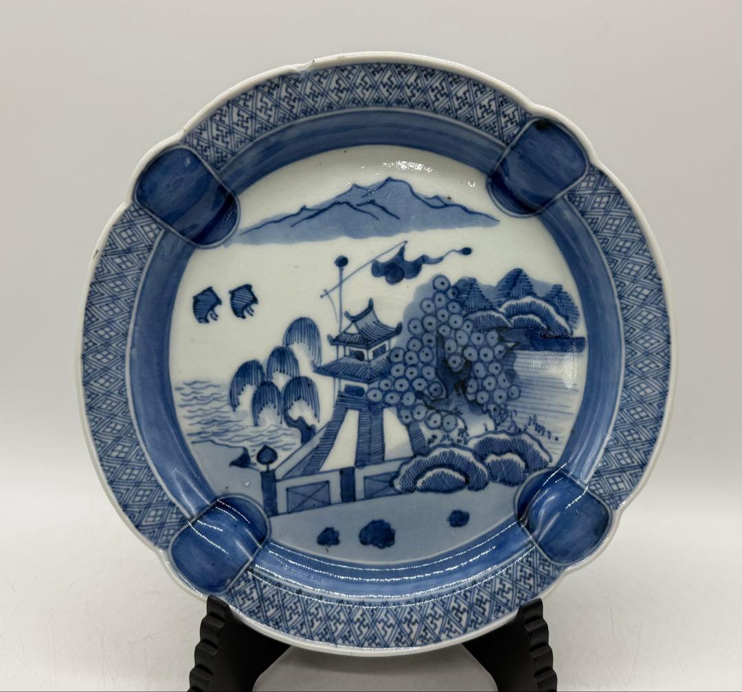 江戸時代　古伊万里　染付山水紋7寸皿　アンティーク　送料込み260115