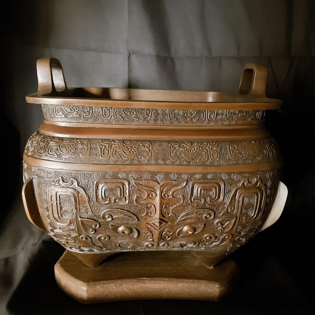 蔵出し　中国古玩 唐物 唐銅 饕餮紋耳付火鉢 古美術品 伝統工芸品