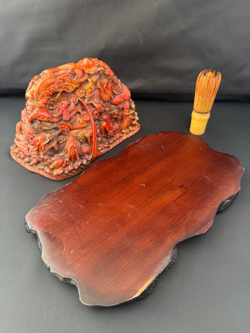 石材彫 龍 彫刻 置物 台座 魔除　風水 開運 金運 骨董 美術 アンティーク