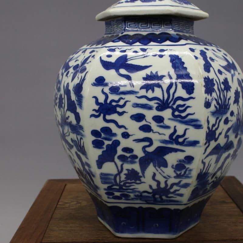 清乾隆青花花鳥六方蓋缶 砂糖缶 景徳鎮 陶磁器 装飾品 現代工芸品美術品 置物