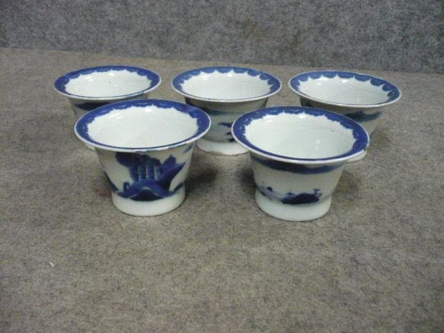 伊万里 海辺風景 染付 広東型 蕎麦猪口 5個 [B31397]