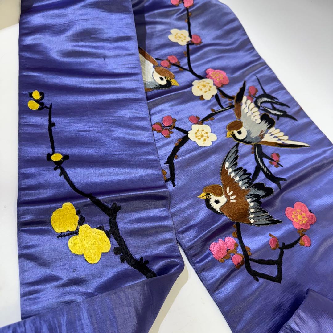 H*N様 雀　スズメ　アンティーク　名古屋帯　刺繍帯　紫　パープル　梅