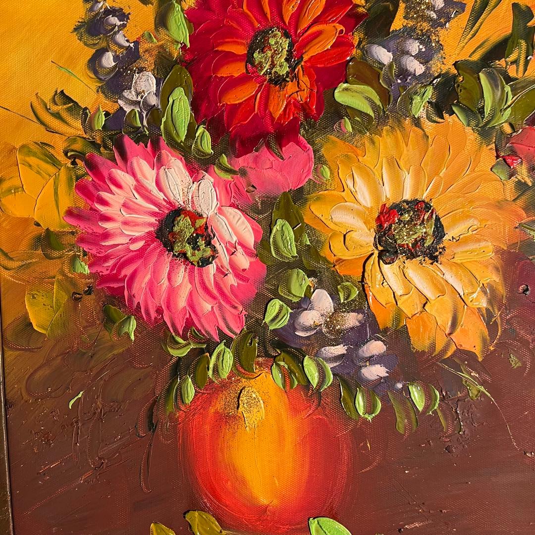 （大）手描き油絵 ３枚組 花瓶の花 額付 額付き 絵画 インテリア 油彩画