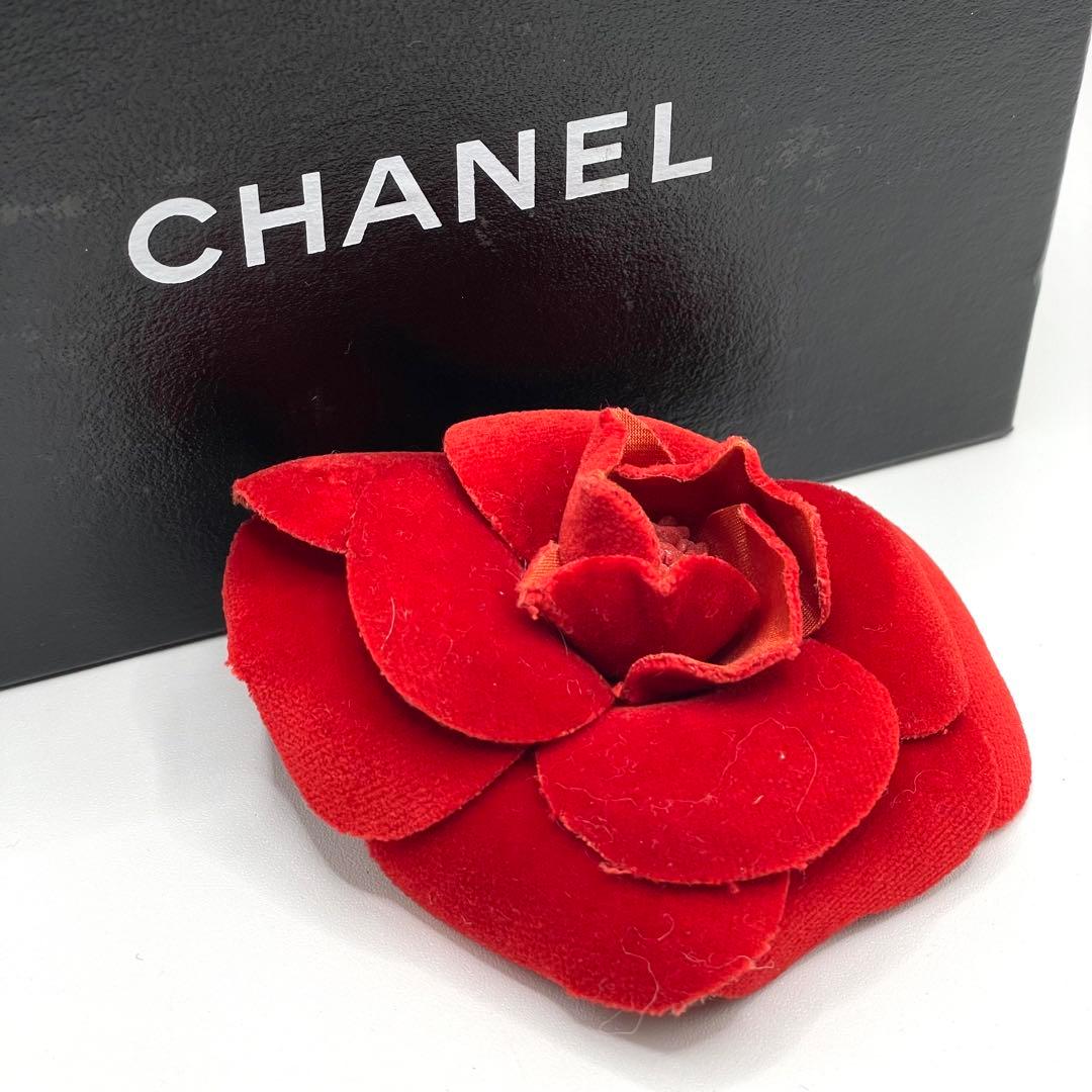 CHANEL シャネル カメリア コサージュ ピンブローチ ベロア レッド
