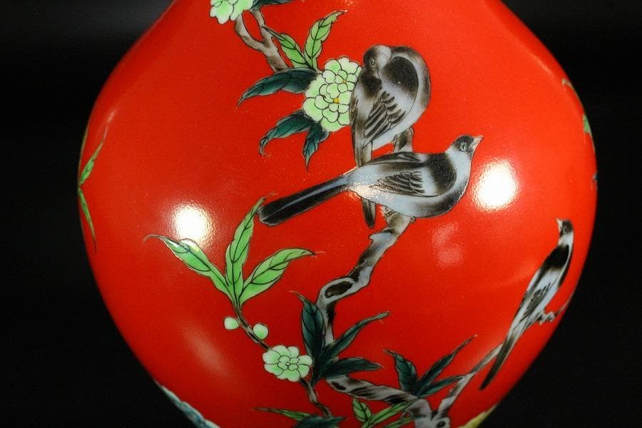 中国美術 珊瑚釉 花鳥 瓶 高34cm 雍正年製(K-LC201)